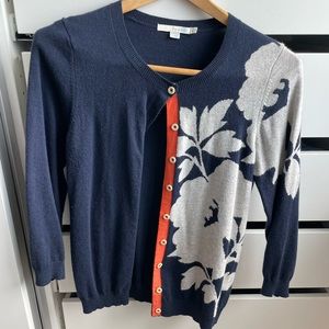Boden Size 6 Navy Cardigan w/ Grey Floral design and Orange Grosgrain Inset